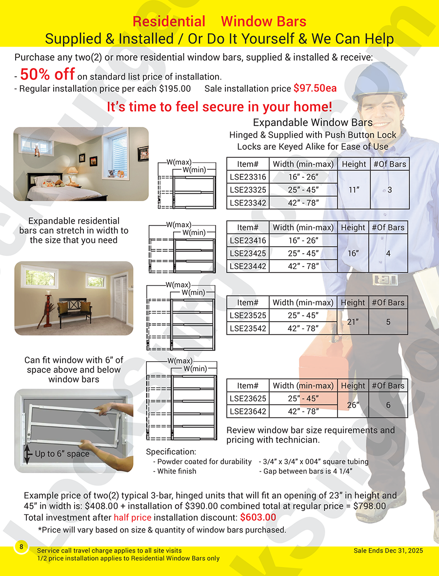 Expandable window bars for home or business window protection in custom or fixed sizes.