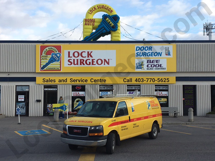 Lock Surgeon Airdrie mobile door repair service truck shop and parts store.