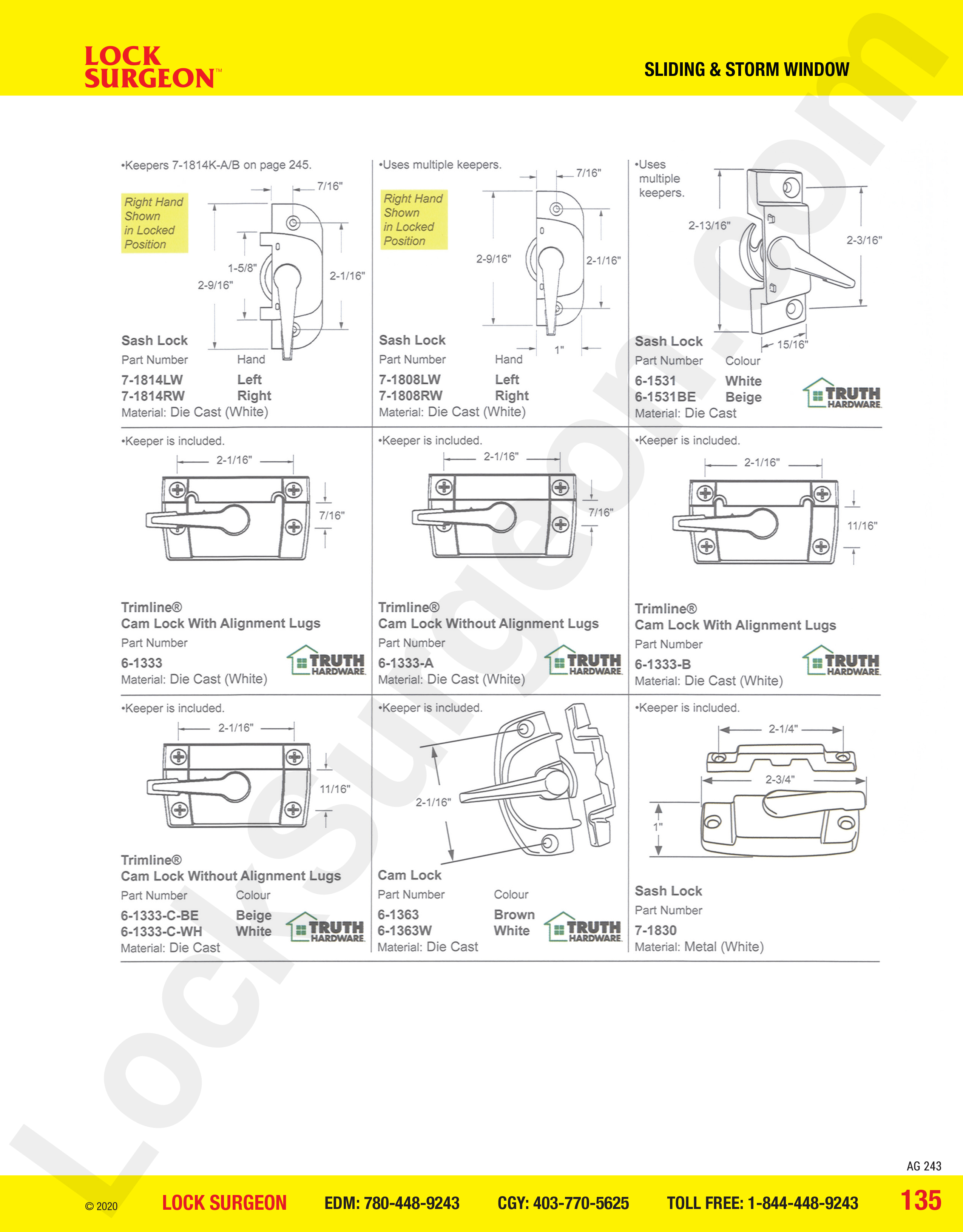 Fort Saskatchewan sash lock - die cast, Trimline cam lock with alignment lugs 7/16, Trimline with alignment