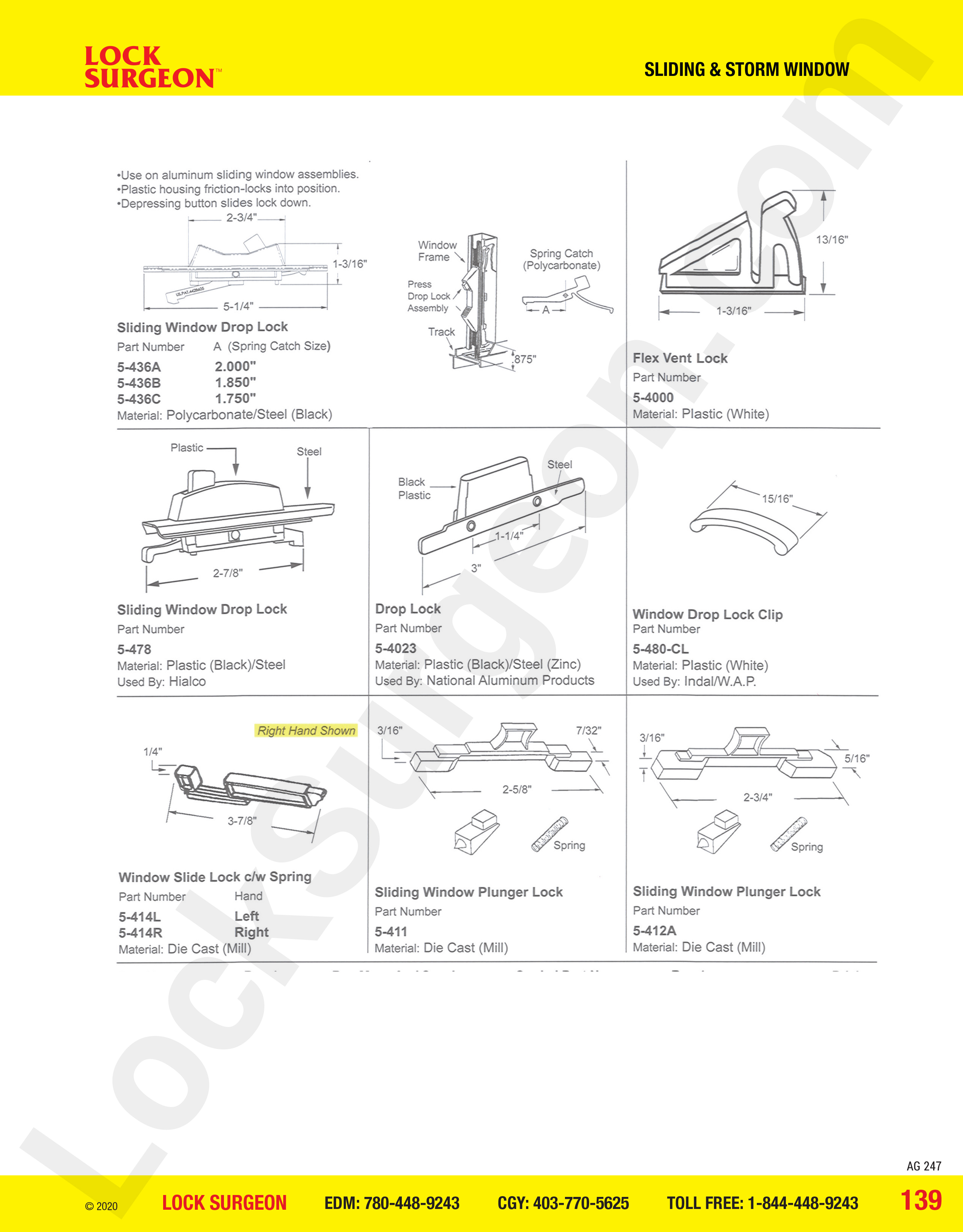 Fort Saskatchewan sliding window drop lock polycarbonate-steel, flex vent lock Hialco plastic sliding window drop lock