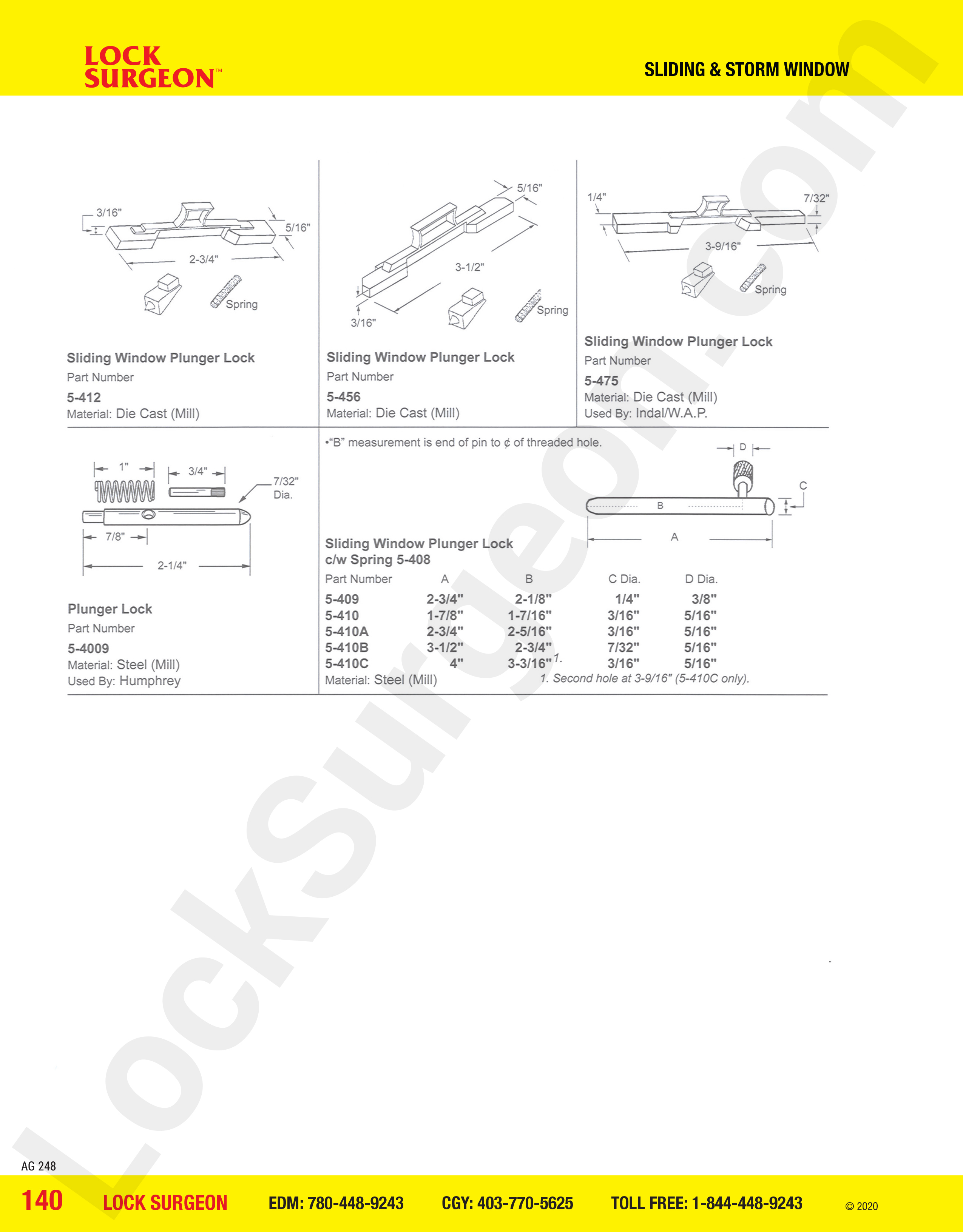 Fort Saskatchewan Sliding window plunger lock at 2-3/4 & 3-1/2, Indal/W.A.P. sliding window plunger lock 3-9/16