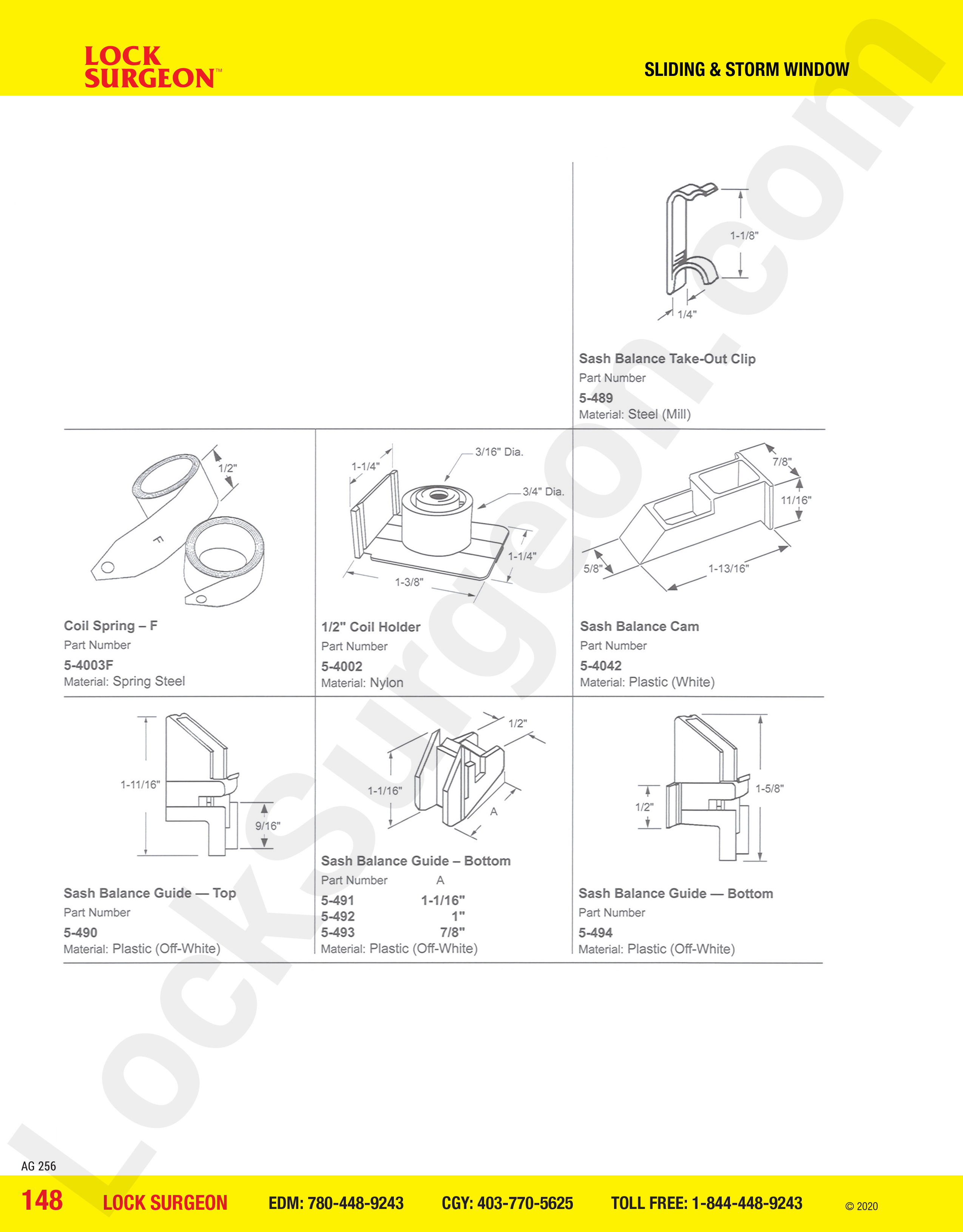 Fort Saskatchewan sash balance take-out clip, coil spring - F, 1/2 coil holder, sash balance cam, sash balance guide