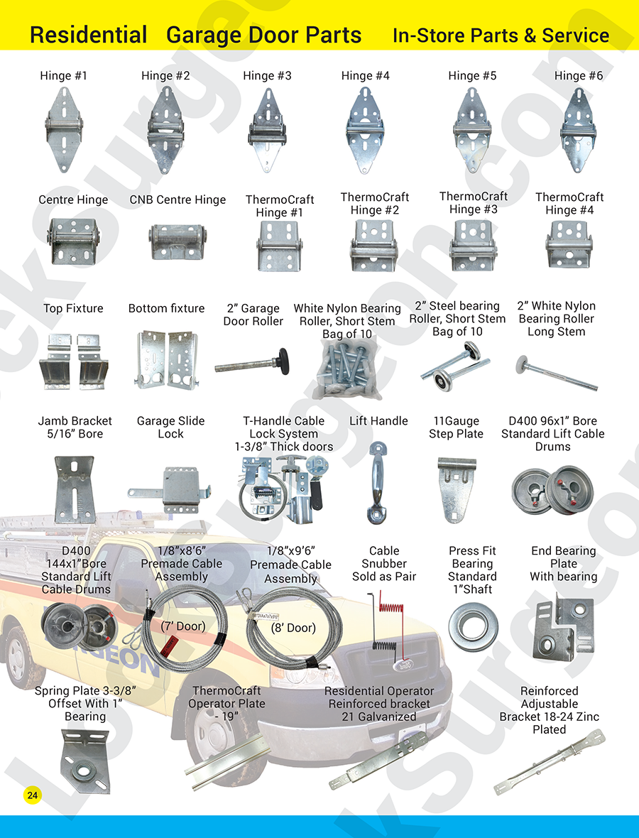 Home residential garage door replacement parts in-store and stocked on Lock Surgeon service trucks.