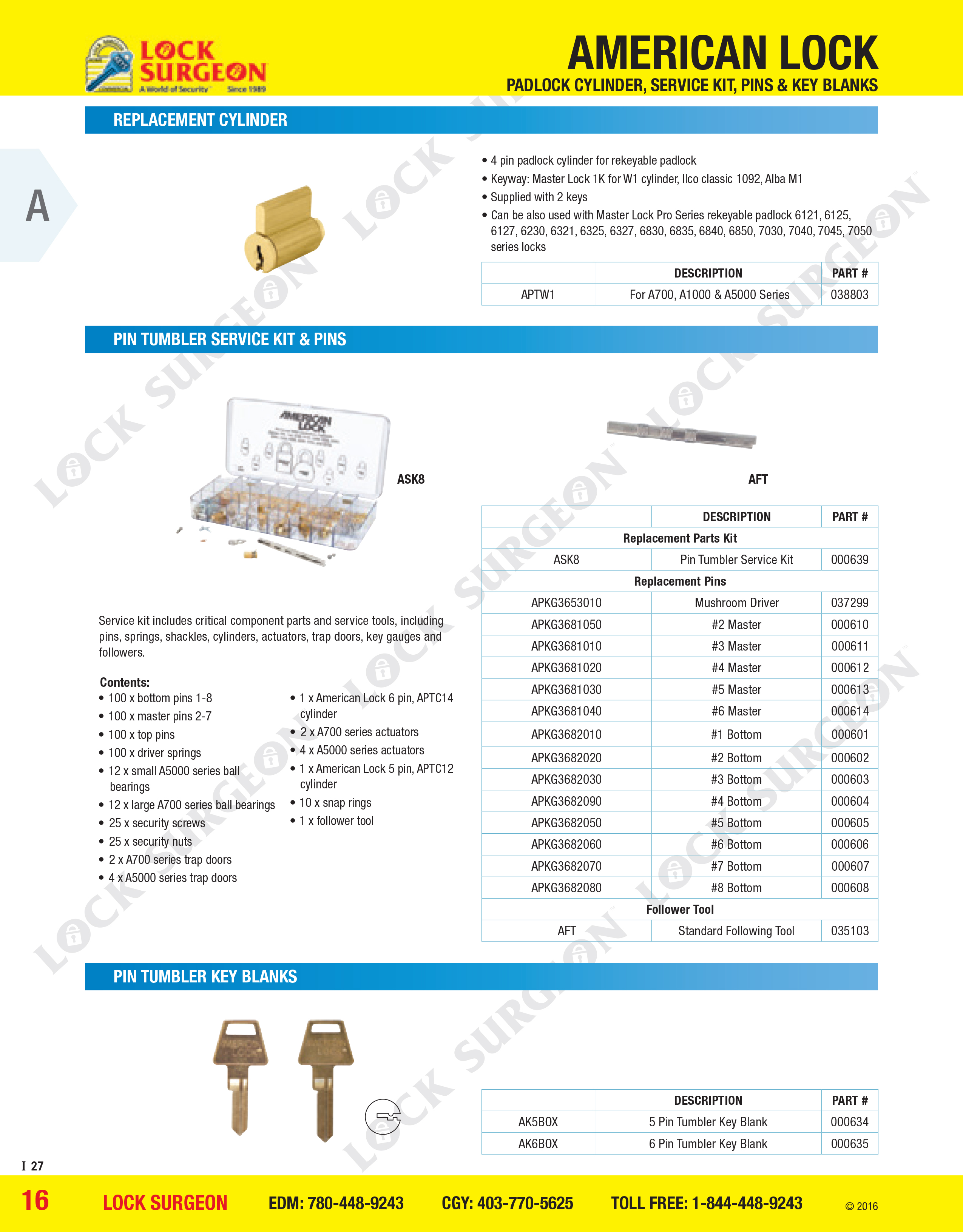 Fort Saskatchewan American lock padlock cylinder service kit pins and key blanks