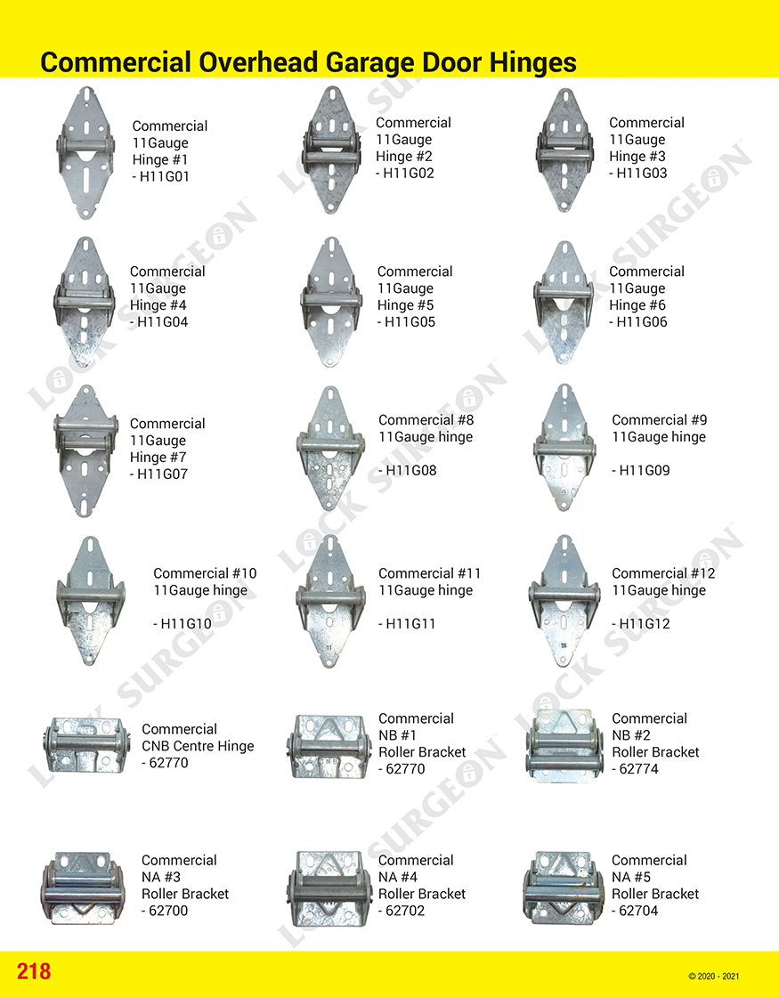 Lock Surgeon replacement parts for commercial overhead door hinges rollers & brackets.