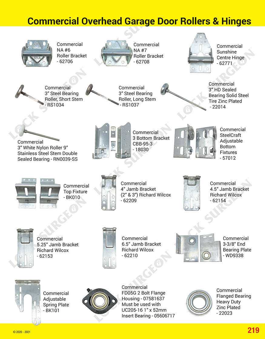 Lock Surgeon commercial overhead door hinges rollers brackets bearings & flange parts.