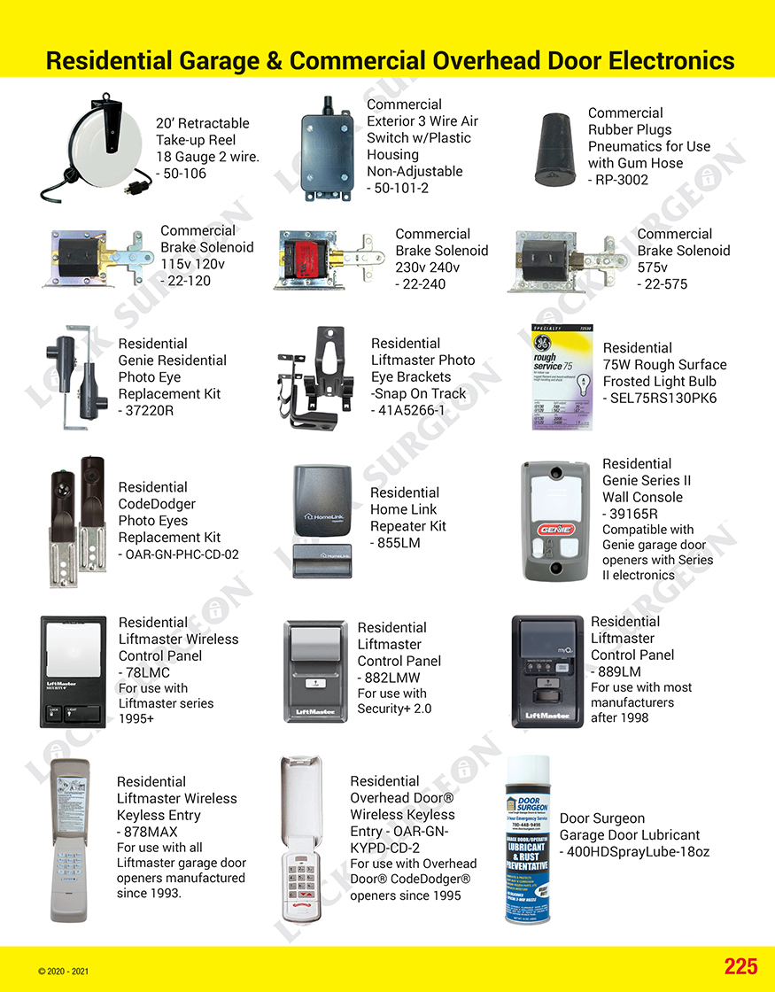 Lock Surgeon garage door solenoid brakes control panels & keyless entries.