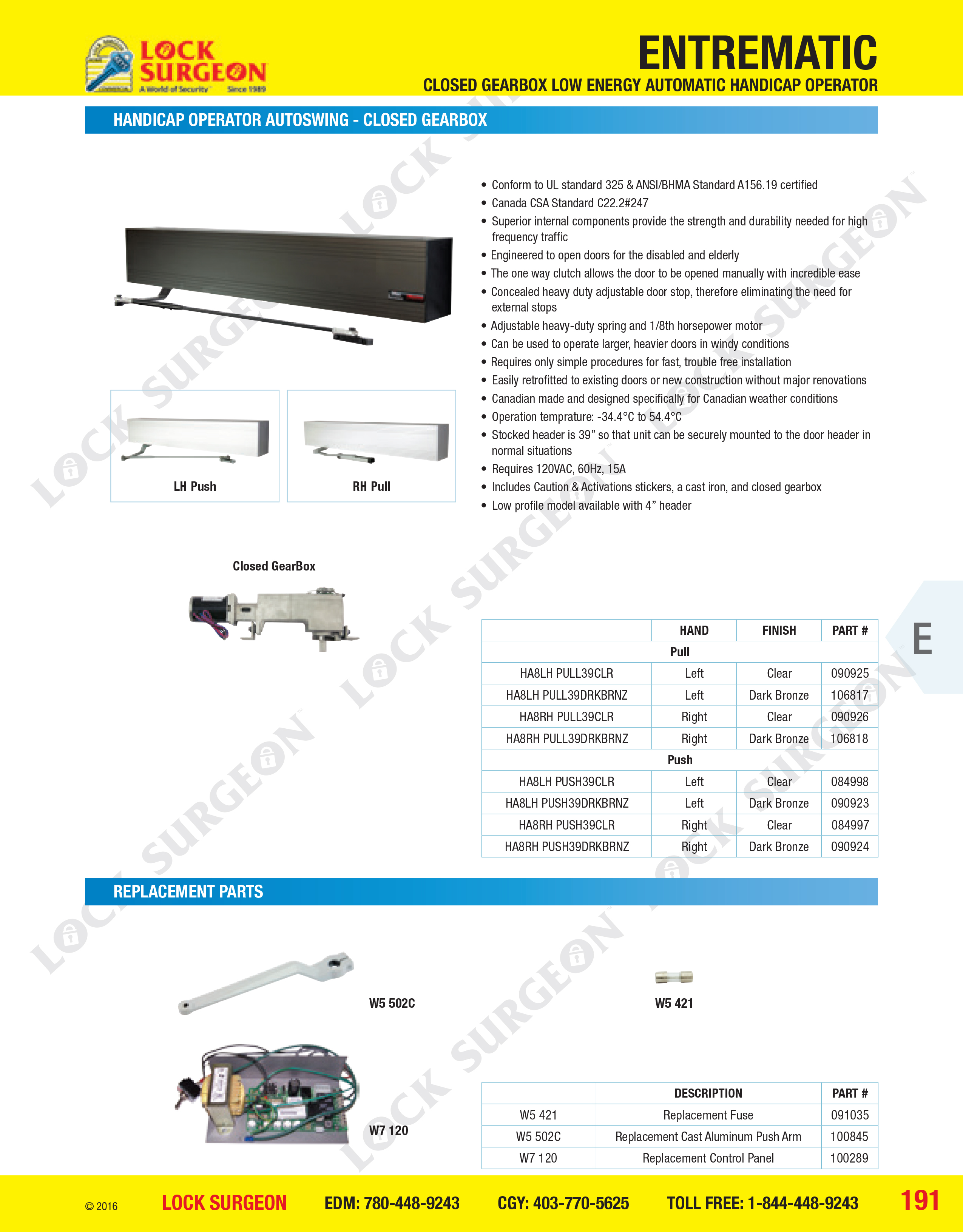 Acheson Handicap operator autoswing - closed gearbox and replacement parts