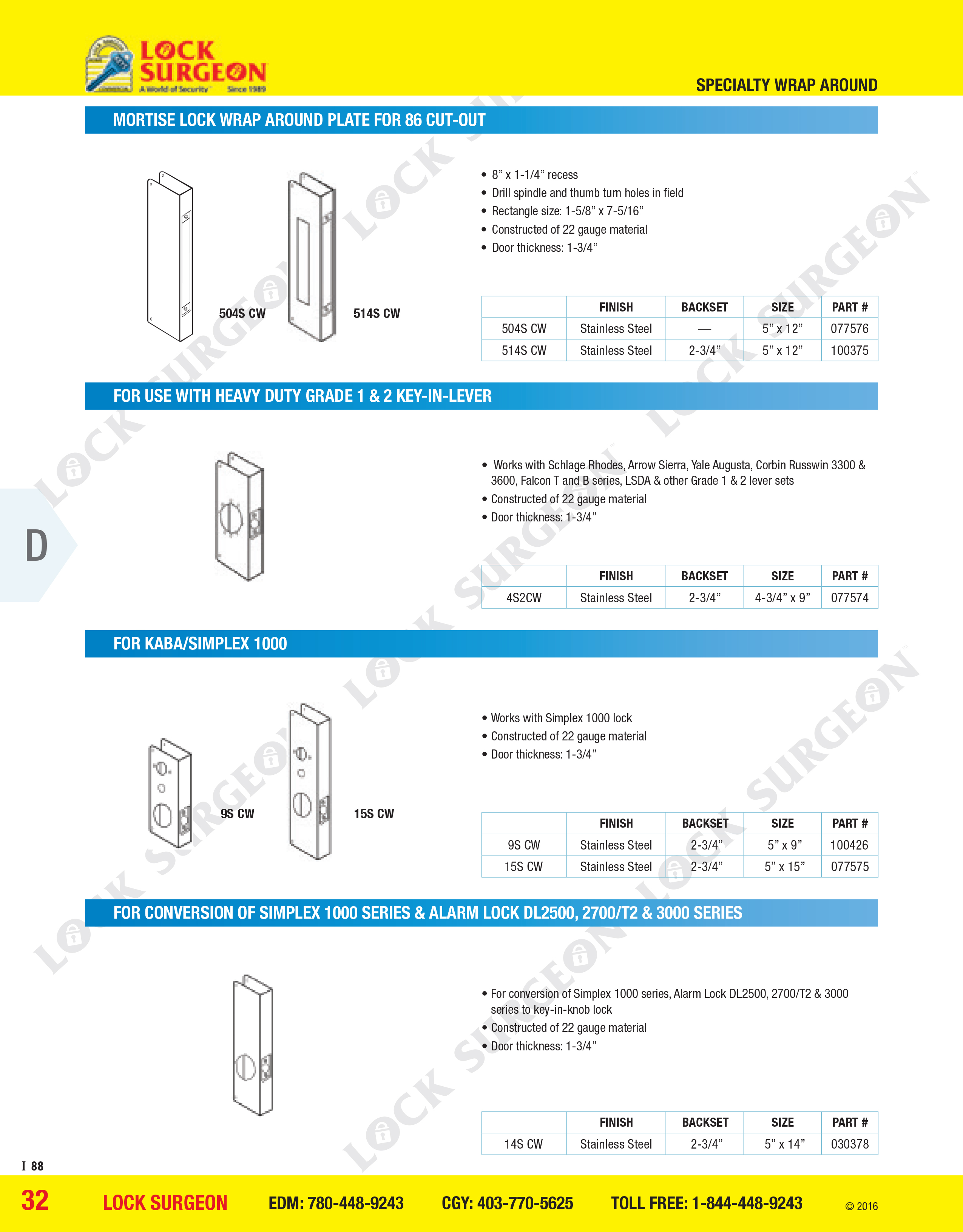 Cochrane Mortise lock wrap around plate for 86 cut-out, for use with heavy duty grade 1 and 2 key-in-lever.