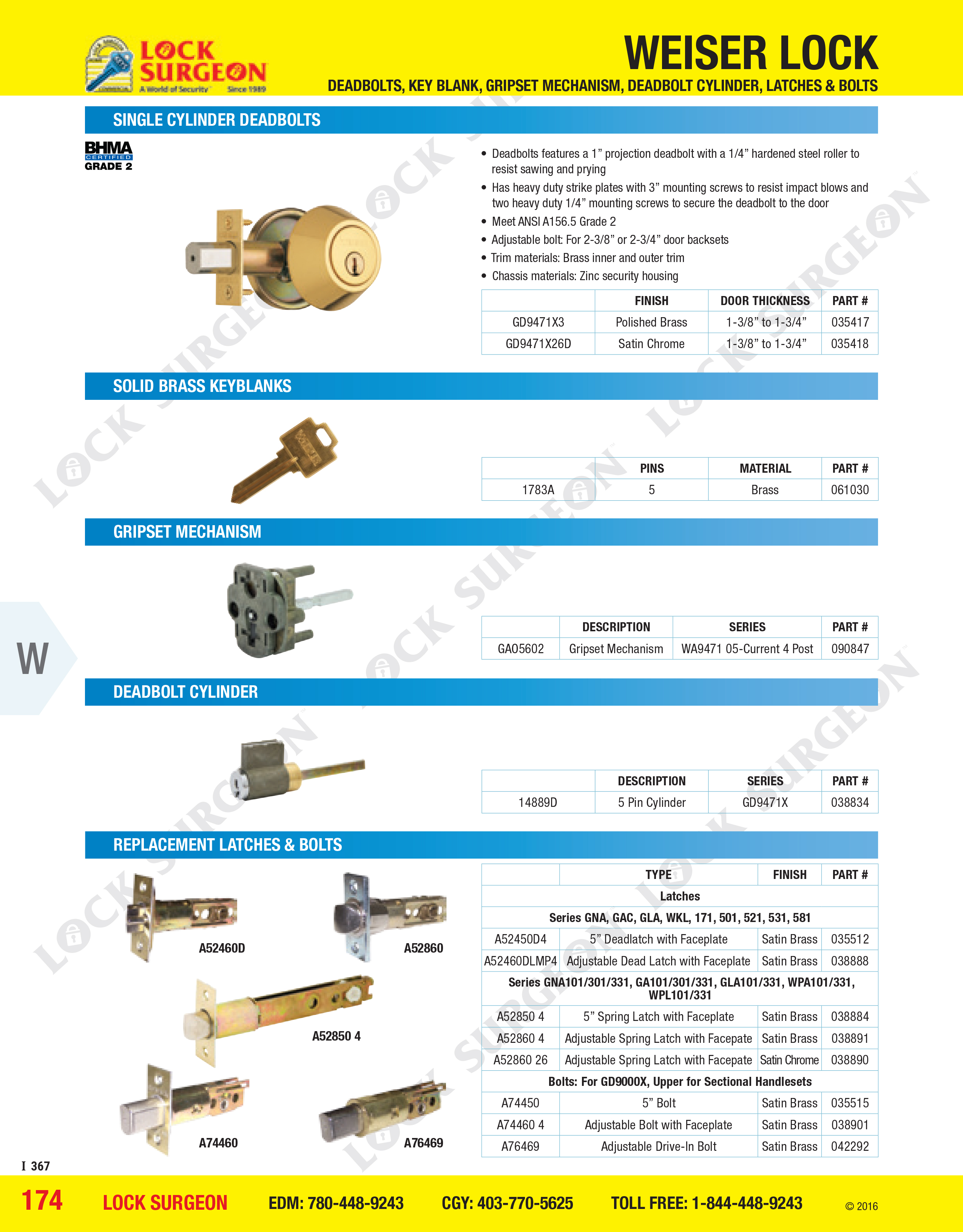 Acheson Lock Surgeon Weiser deadbolt replacement latches and grip-set mechanisms.