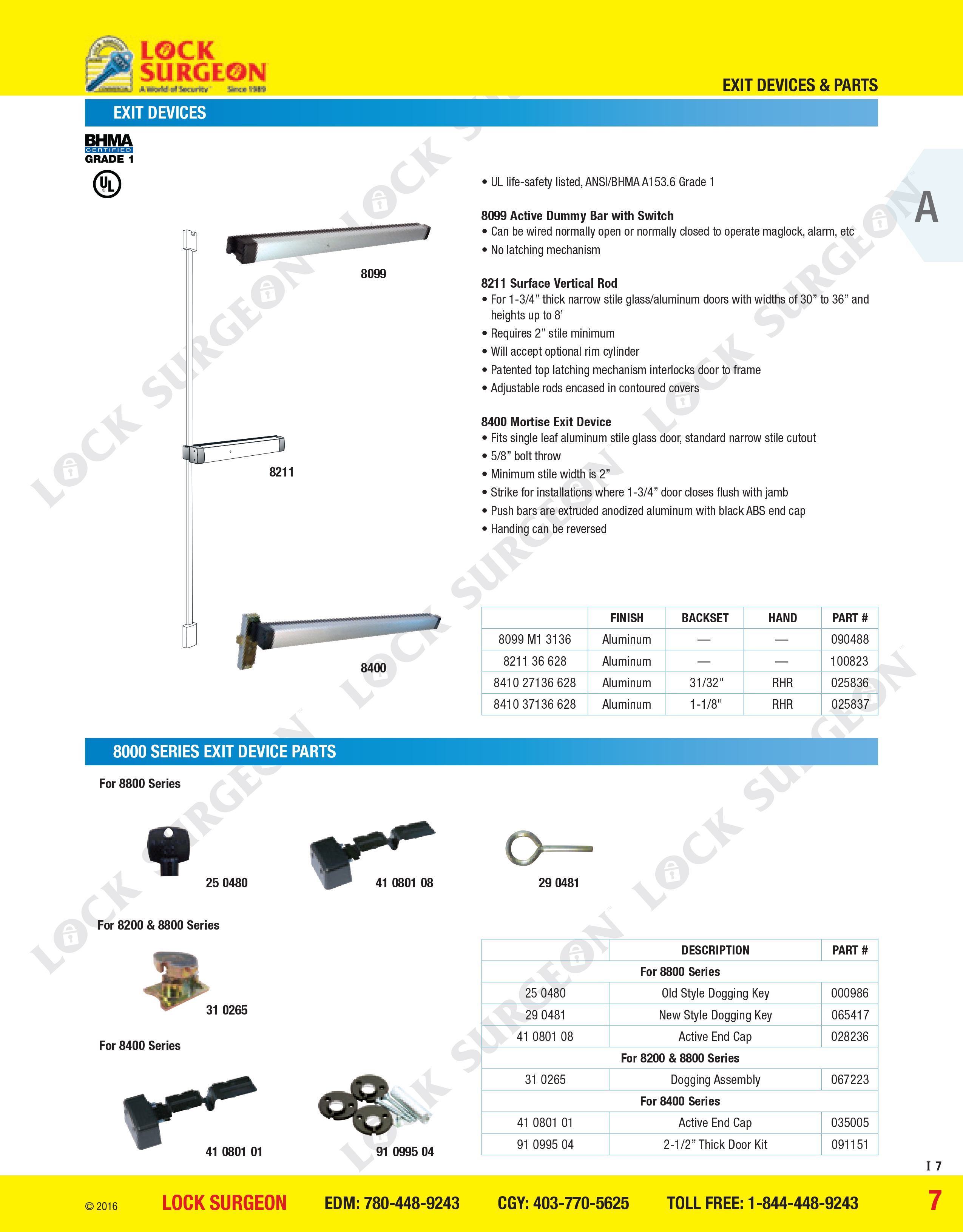 Exit devices and 8000 Series exit device parts Acheson