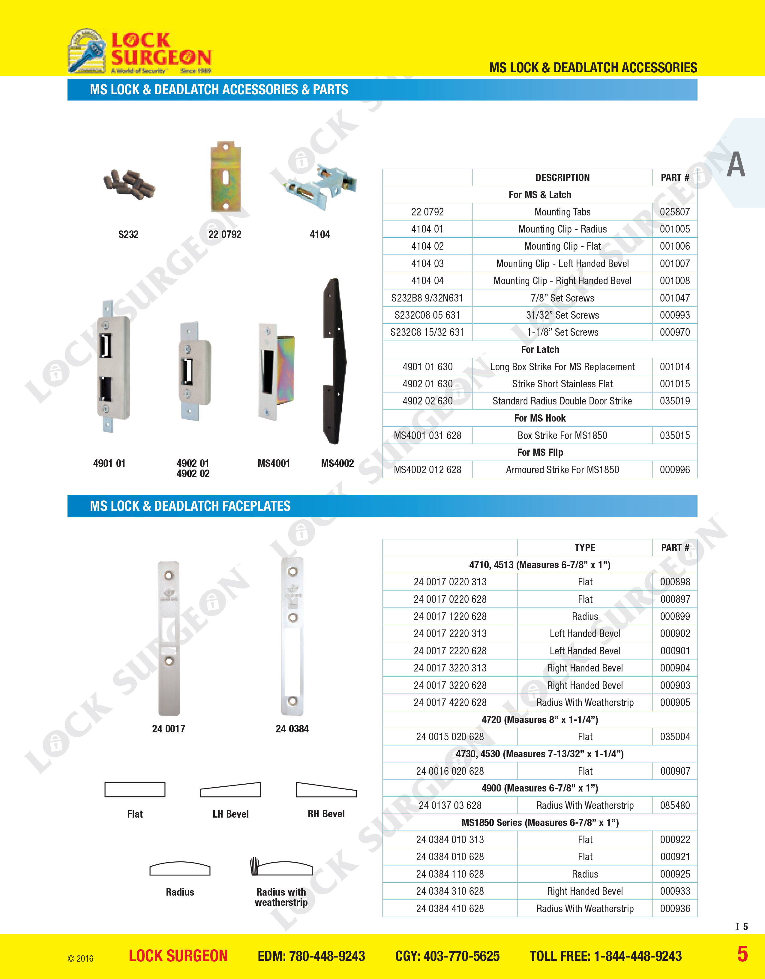 Acheson MS Lock and deadlatch accessories and parts