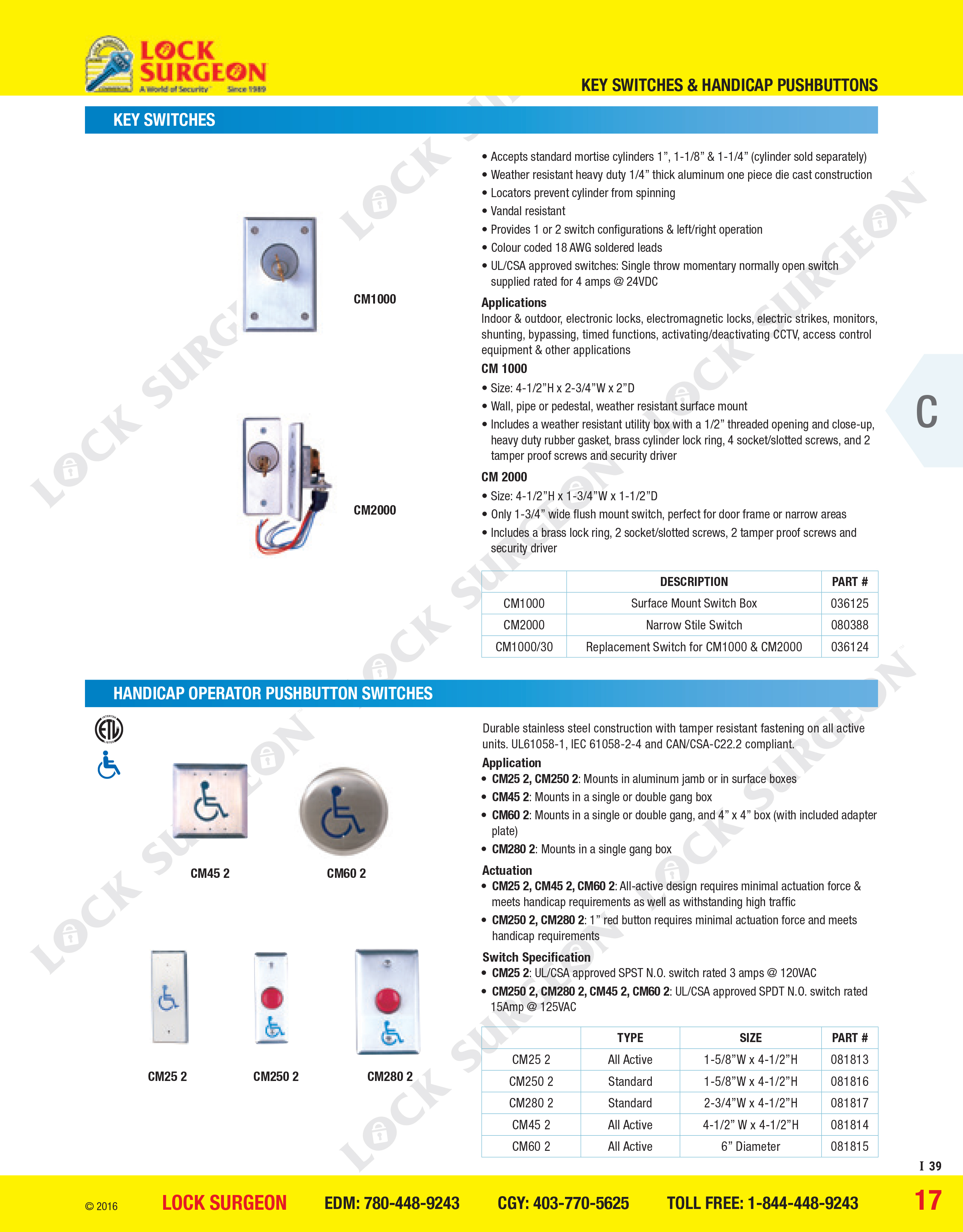 Acheson Key switches and Handicap Operator Push-button switches