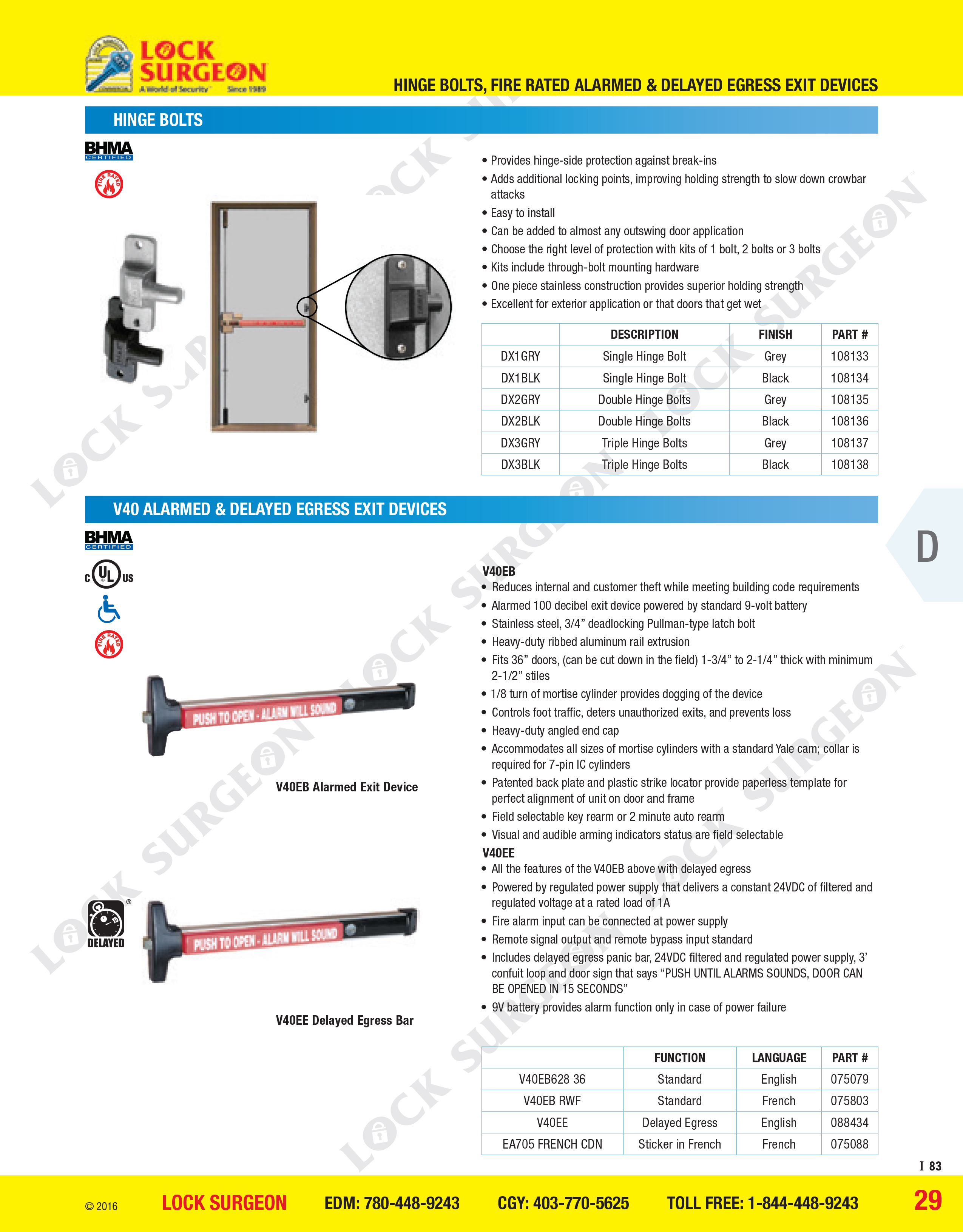 Hinge bolts, V40 Alarmed and delayed egress exit devices Acheson