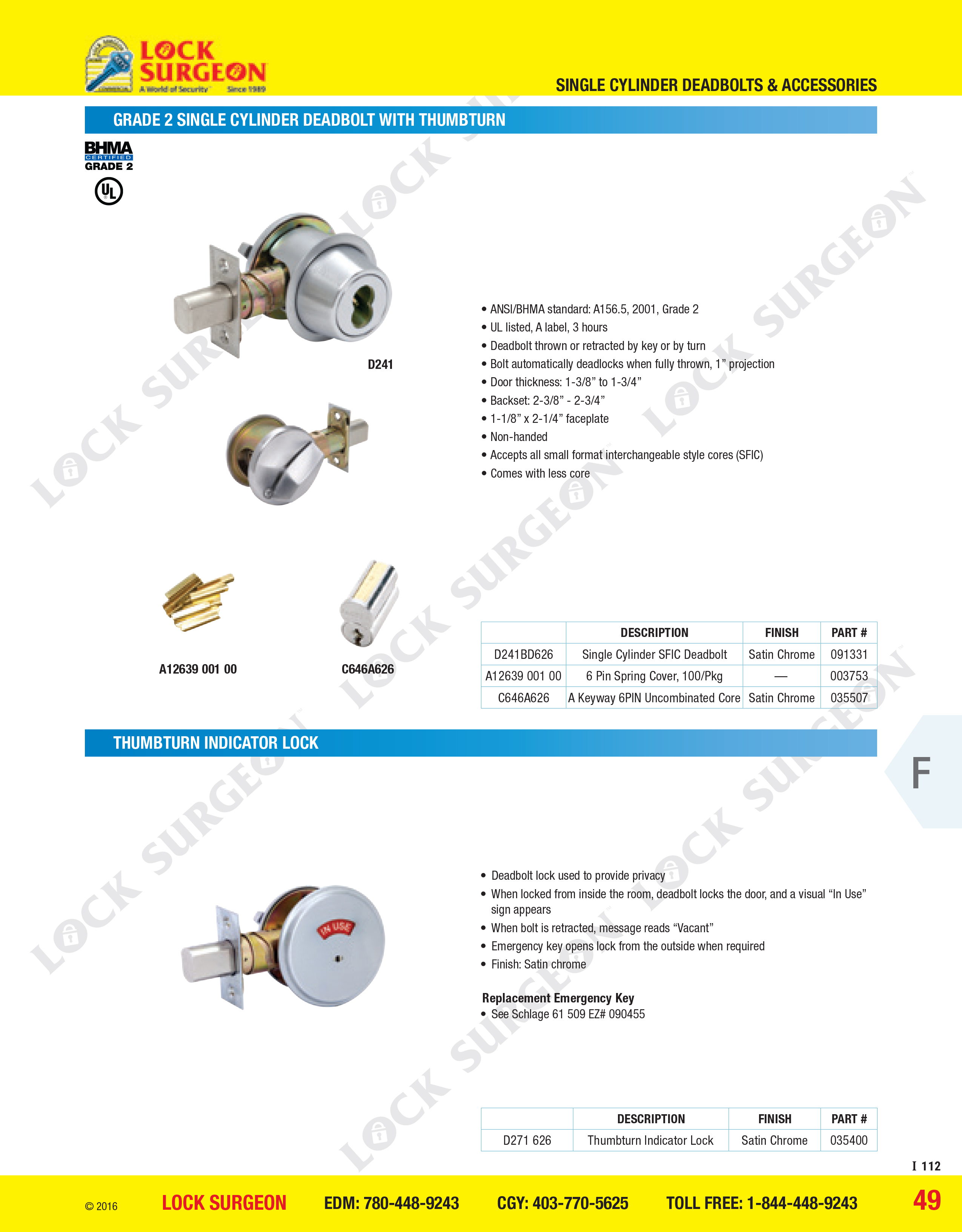 Grade 2 single cylinder deadbolt & thumbturn thumbturn-deadbolt & indicator washroom use Acheson